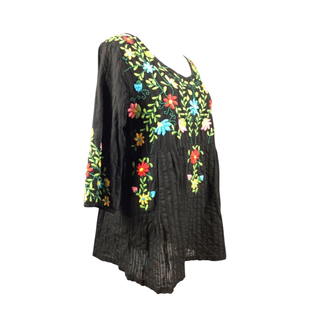 Vintage The Paragon Black Embroidered Floral Tunic Top Large 100% Cotton - Picture 3 of 10